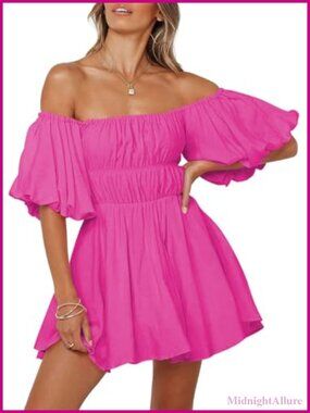 Off Shoulder Ruffle A-Line Mini Dress with Lantern Sleeves, Square Neck